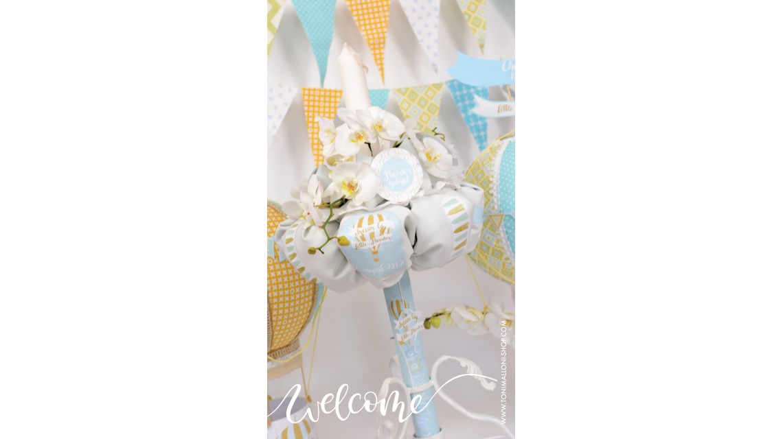 Lumanare de botez cu flori si baloane de aer cald, 65x4 cm, Mint & Gold Balloons  2